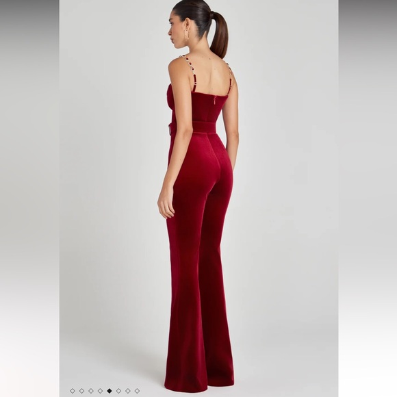 new Nadine Merabi Harley velvet belted embellished strap jumpsuit in red - Picture 4 of 13